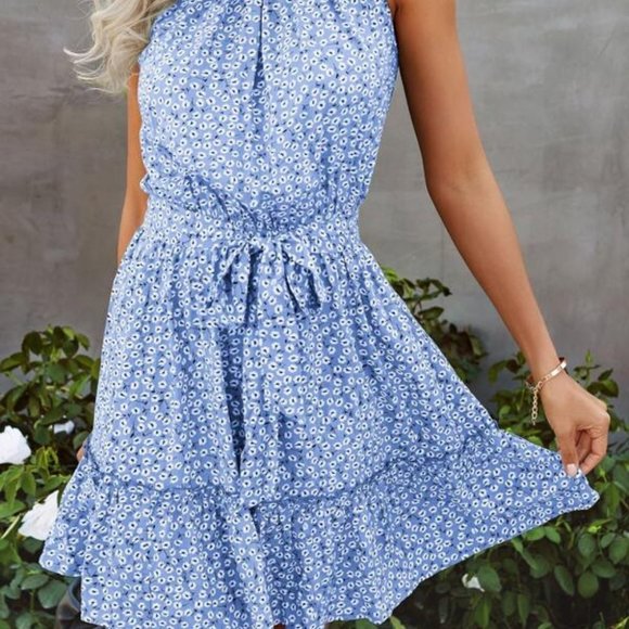 Floral Halter Belted Ruffle Hem Dress - Picture 4 of 4